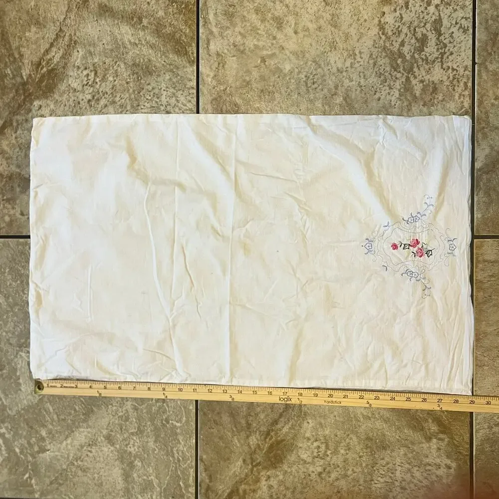Vintage Embroidered Pillowcase Red Roses Blue Swirls Floral Elegant Home Decor
